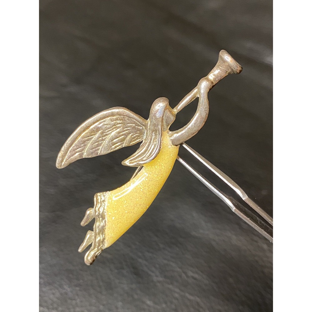 VNTG Angel Brooch Enamel Signed AAI Glitter Silver Tone Angel Playing Trumpet